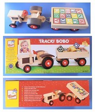 Trattore in legno cm 39 sterzo funzionante rimorchio con 15 cubi alfabeto numeri