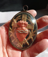 Antique Sacred Heart of Jesus Ex-Voto Reliquary Framed Glass Catholic Devotion