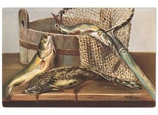 arte in cartolina natura morta pesci retino catino in legno