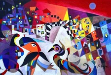 MILJENKO BENGEZ 40x60 serigrafia cartone "La fenice e l'uomo con i grandi baffi"