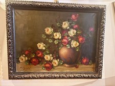 Elegante quadro a olio "Natura Morta con Rose" firmato D.H.