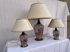 Set 3 lampade da tavolo vintage – base in ceramica decorata, paralume in stoffa