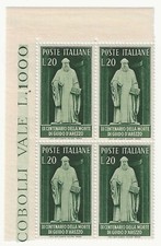 1950 Repubblica italiana - Quartina 20 l. Guido d'Arezzo angolo di foglio MNH**