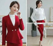 Tailleur completo donna rosso slim elegante giacca manica lunga pantalone 4913
