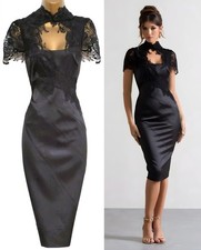 KAREN MILLEN ✩ ABITO CLASSICO NERO RASO VITTORIANO PIZZO APPLIQUE TUBINO ✩ UK 10