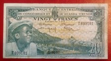 CONGO BELGA 20 FRANCHI 1957