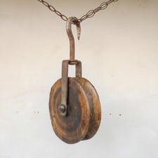 Carrucola Puleggia in legno con gancio vintage primi 900
