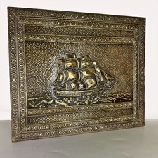 Pannello decorativo Veliero antico in legno e ottone d'epoca Galeone inglese 900