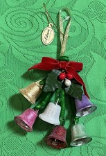 Campane in metallo smerigliato zuccherato grappolo ornamento natalizio vintage collezione Katherine's NOS