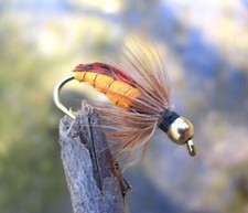 Mosche Gilchrist. 3 ninfe testa d'oro AMBRA. Con e senza gancio. Trota.