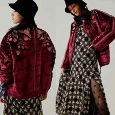 Free People x Anna Sui Dolman giacca trapuntata in velluto, rosso, piccolo, prezzo consigliato $228