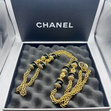 Collana lunga vintage CHANEL catena Gripoix verde tono oro con scatola