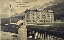 Cartolina anni '30 Lago di Misurina Il Grand Hotel e le tre Cime di Lavaredo
