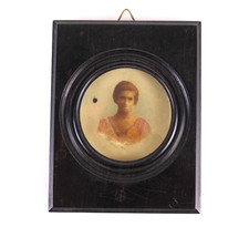 Ritratto Miniatura D'Epoca su Lastra Acquerello Antico Donna Cornice in Legno