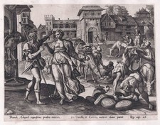 G. de Jode / M. de Vos Abigail collecting food Bible Kupferstich engraving 1580