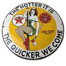 Insegna benzina Texaco vintage - pompiere capo pompiere pompa benzina pubblicità insegna porcellana