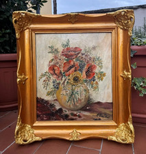 DIPINTO AD OLIO SU PANNELLO - NATURA MORTA - PAPAVERI - FIRMATO