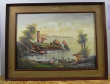 Dipinto ad olio su tela incorniciato cornice in legno quadro paesaggio mare 