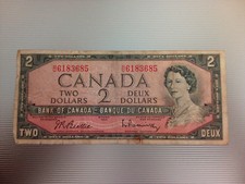 CANADA BANCONOTA 2 DOLLARO 1954 Serie HV6183685 TWO - DEUX Dollars Banknote Bank