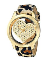 Nuovo GUESS Oro, Leopardo Pelle Fascia, Glitz Trasparente Cuore Dial, Orologio