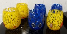 set 6 Bicchieri Vetro decorati con la tecnica delle murrine in giallo e Blu