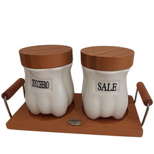 Set 2 barattoli  cucina porcellana  bianca e supporto bambù  sale zucchero