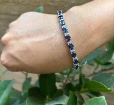 Bracciale Tennis Maglia Diamanti Zaffiro Naturale Ovale 14,00 Ct Vero Oro Bianco 14K