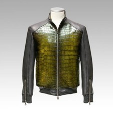 Giacca in pelle di mucca da uomo in pelle di coccodrillo goffrata di lusso verde e nero