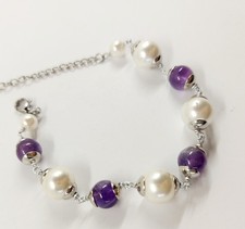 Bracciale in acciaio e alluminio con ametista tonda da 8 mm e perle sintetiche 