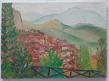 Dipinto Paesaggio montano con paese Quadro Olio su tela 70x50 cm Firmato