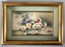 PICCOLO QUADRO ACQUERELLO FIRMA A.B. NATURA MORTA BOUQUET FIORI ROSE MARGHERITE