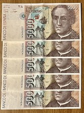 BANCONOTE SPAGNA 5000 PESETAS 1992 COLOMBO SUP/UNC NUMERI SERIE CONSECUTIVI