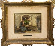 Olio su tavola, vecchietta al lavoro, Ercole Garavaglia, XIX secolo