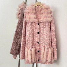 Maglione Maglia Twist Lana Cardigan Giacca Donna Pelliccia di Volpe Collo Monopetto 