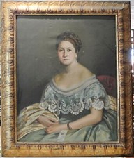 Quadro, Olio su tela, ritratto donna dell' 800, cornice intagliata  dorata .