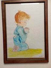 Bambino che prega con cornice - Quadro in acrilico disegnato a mano, 40x50