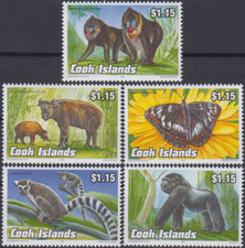 Cook Is 1993 scimmia, mandrillo, gorilla, tori, mucche, lemure, animali, farfalla MNH