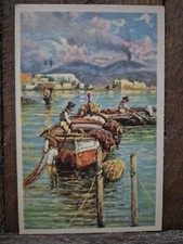 NAPOLI VESUVIO CON BARCHE CARTOLINA NV PITTORE CARELLI ACQUERELLO PESCATORI- M1
