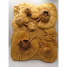 Hand Carved Wooden Centre Piece Frogs Dragonfly Lily Pad Pond Art Vintage Decor