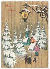 1966 Buon Anno cartolina natalizia vintage paese innevato abeti lanterna
