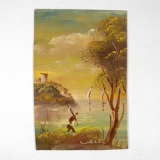 DIPINTO MINIATURA OLIO SU CARTONCINO PAESAGGIO PESCATORE VINTAGE ANNI 60