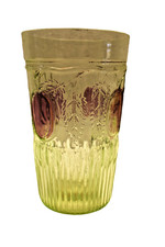 Vintage Indiano Vetro Verde Tumbler Dipinto Frutta Foglia Design 1940s Rare