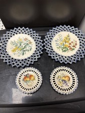 Vintage Portugal, Hand-Painted Floral Ceramic Plate, 11.5" Reticulated Edge