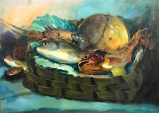 Dipinto Olio Tavola Pesci