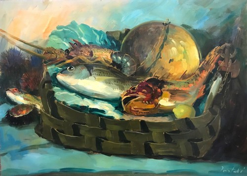 Dipinto olio tavola pesci - dipinto,