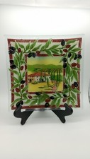 Piatto quadrato 9,75" vetro artistico fuso firmato Peggy Karr villa toscana ramo d'ulivo 