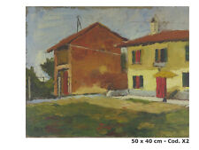 QUADRO AD OLIO VINTAGE VEDUTA CASE DI CAMPAGNA DIPINTO FIRMATO BERT PIEMONTE X2