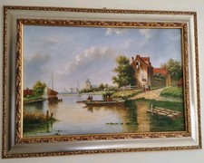 Quadro Classico, Paesaggio Olio Su Tela dipinto a mano con cornice in legno