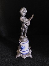 ANTICA SCULTURA STATUA CLASSICA PUTTO BAMBINO MUSICISTA BRONZO E CERAMICA DIPINT