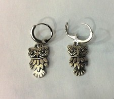 ORECCHINI EARRINGS UOMO DONNA CERCHI COLOR ACCIAIO CIONDOLO GUFO OWL UNISEX 